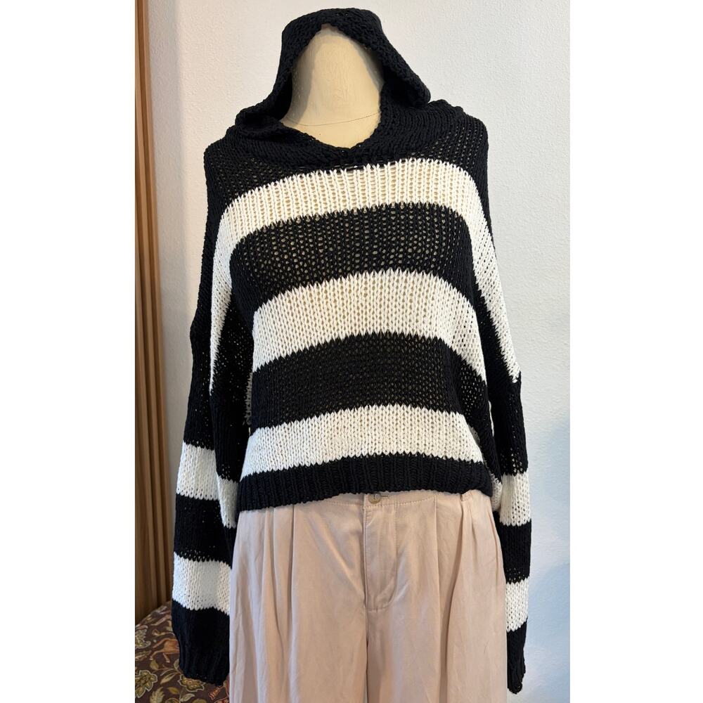 Newbury Kustom Black White Striped Open Knit Hooded Sweater NWT Oversized